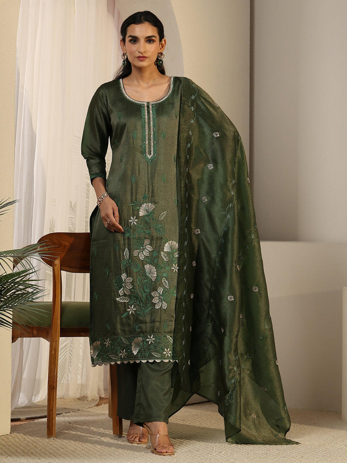 Mameraa Dark Green Floral Embroidered Tissue Straight Suit Set