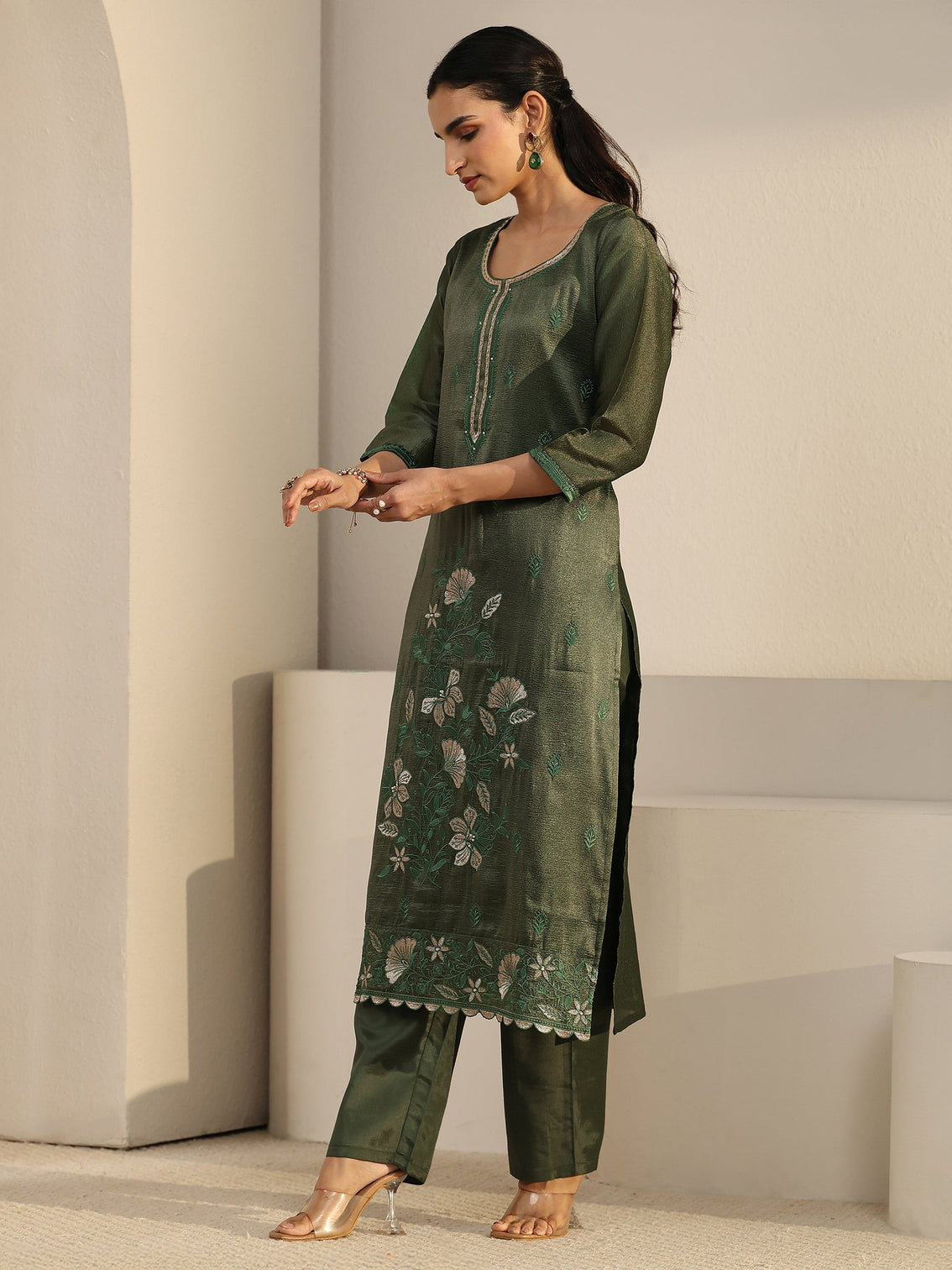 Mameraa Dark Green Floral Embroidered Tissue Straight Suit Set