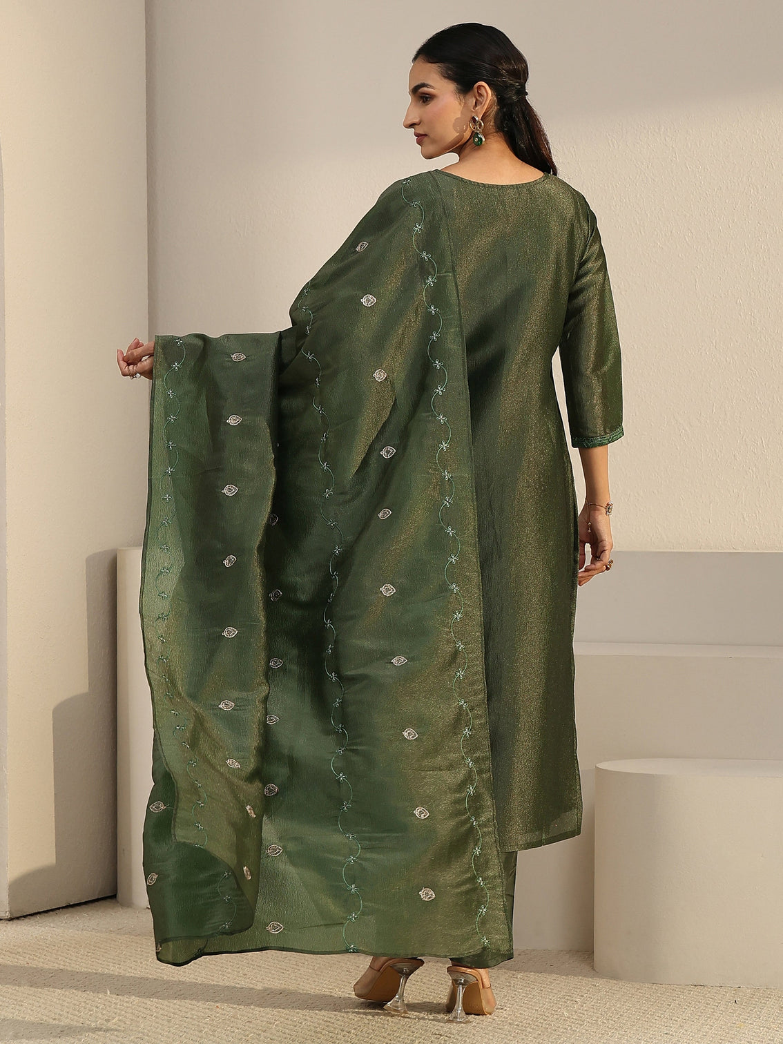 Mameraa Dark Green Floral Embroidered Tissue Straight Suit Set