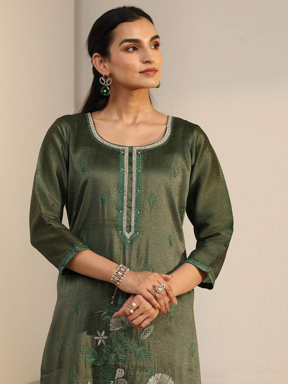 Mameraa Dark Green Floral Embroidered Tissue Straight Suit Set