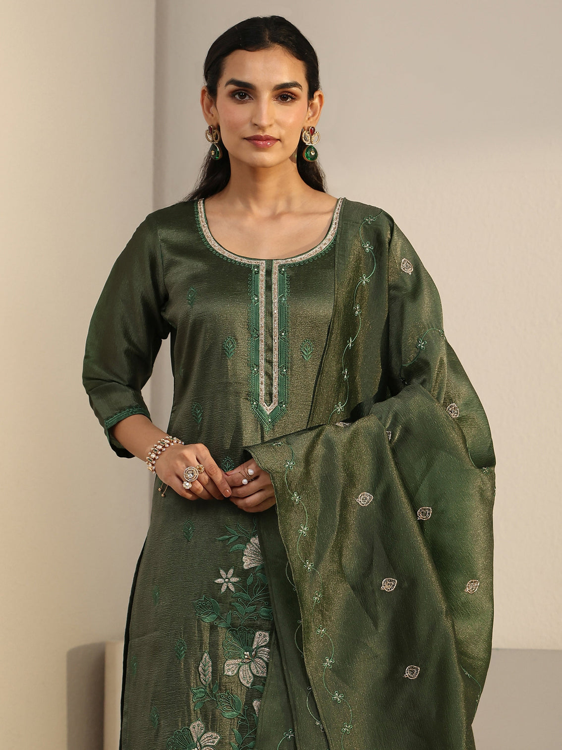 Mameraa Dark Green Floral Embroidered Tissue Straight Suit Set