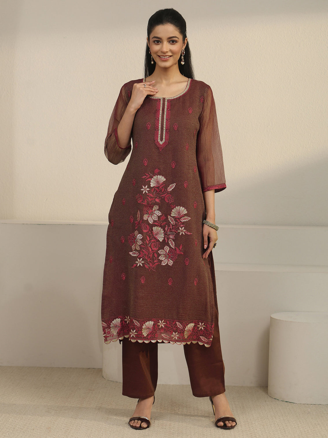 Mameraa Chocolate Brown Floral Embroidered Tissue Straight Suit Set