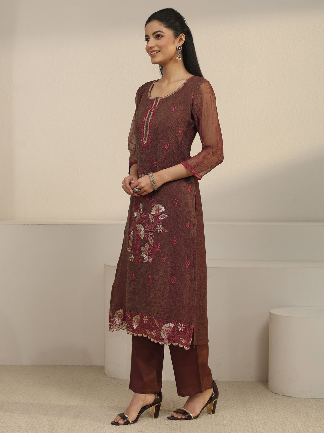 Mameraa Chocolate Brown Floral Embroidered Tissue Straight Suit Set
