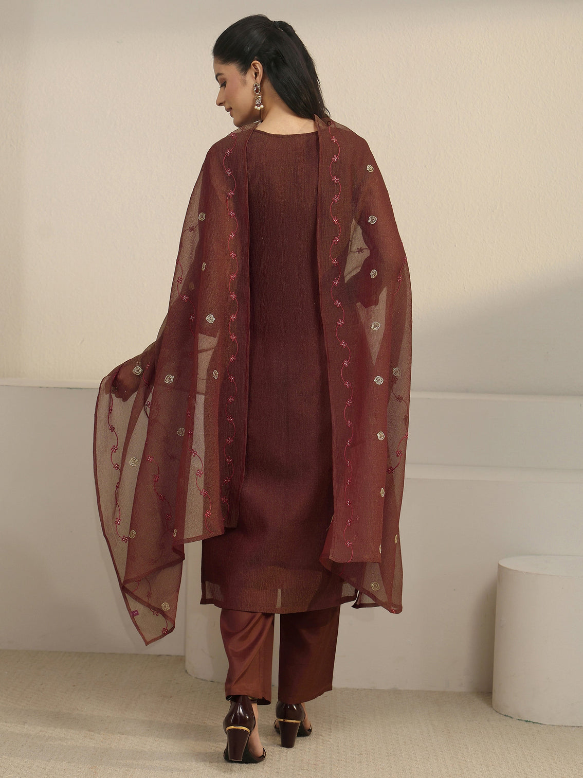Mameraa Chocolate Brown Floral Embroidered Tissue Straight Suit Set