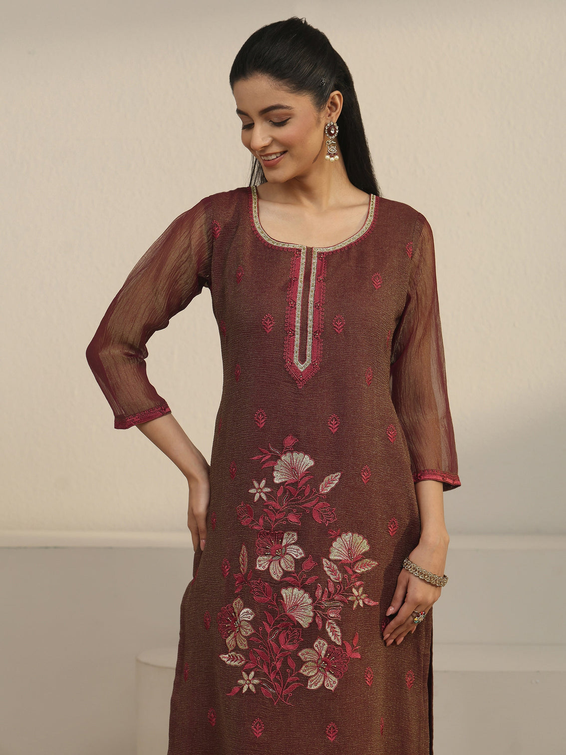 Mameraa Chocolate Brown Floral Embroidered Tissue Straight Suit Set