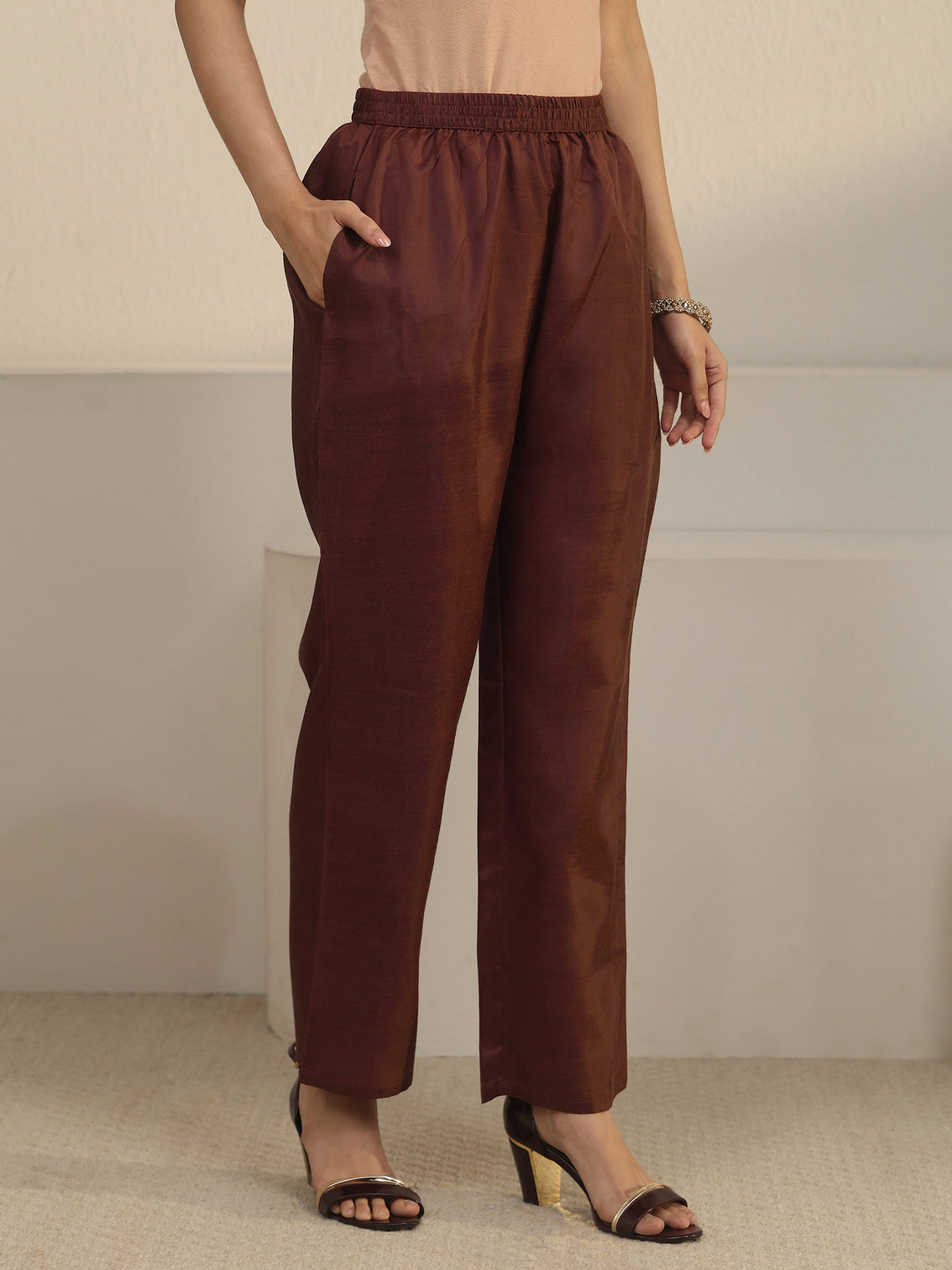 Mameraa Chocolate Brown Floral Embroidered Tissue Straight Suit Set