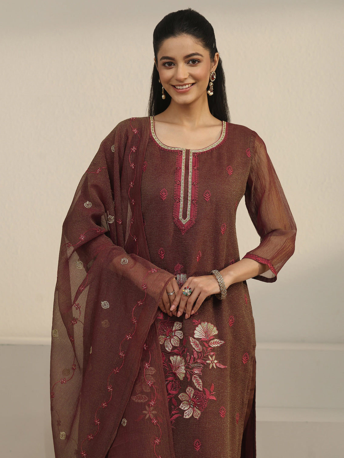 Mameraa Chocolate Brown Floral Embroidered Tissue Straight Suit Set