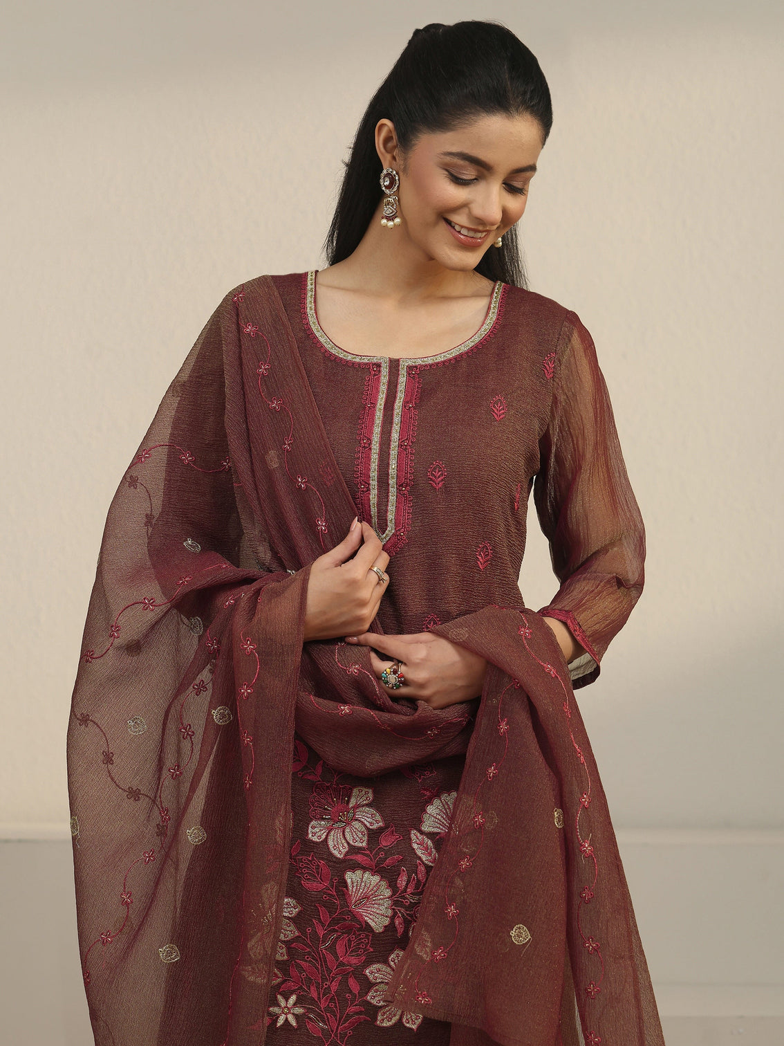 Mameraa Chocolate Brown Floral Embroidered Tissue Straight Suit Set
