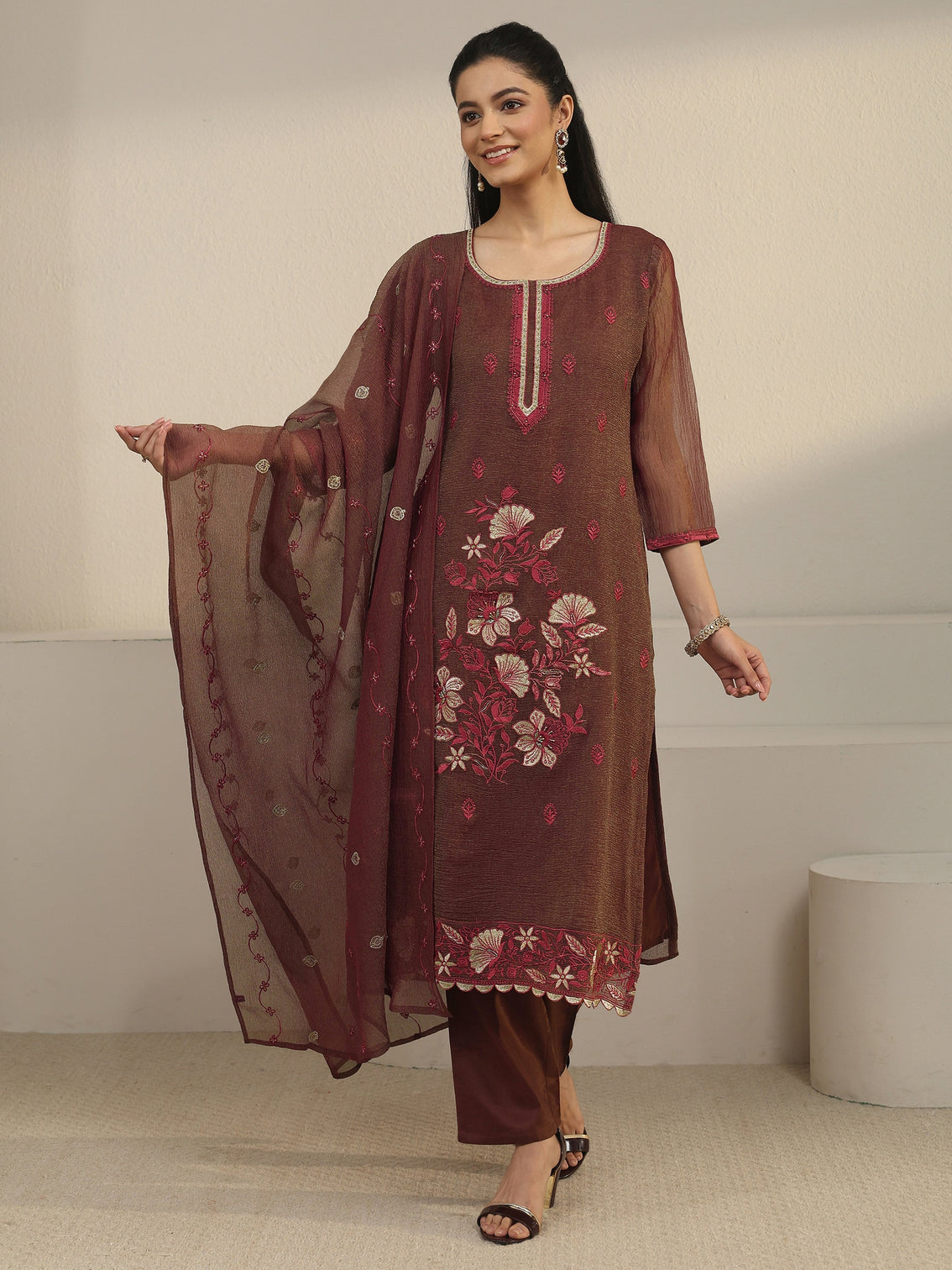 Mameraa Chocolate Brown Floral Embroidered Tissue Straight Suit Set