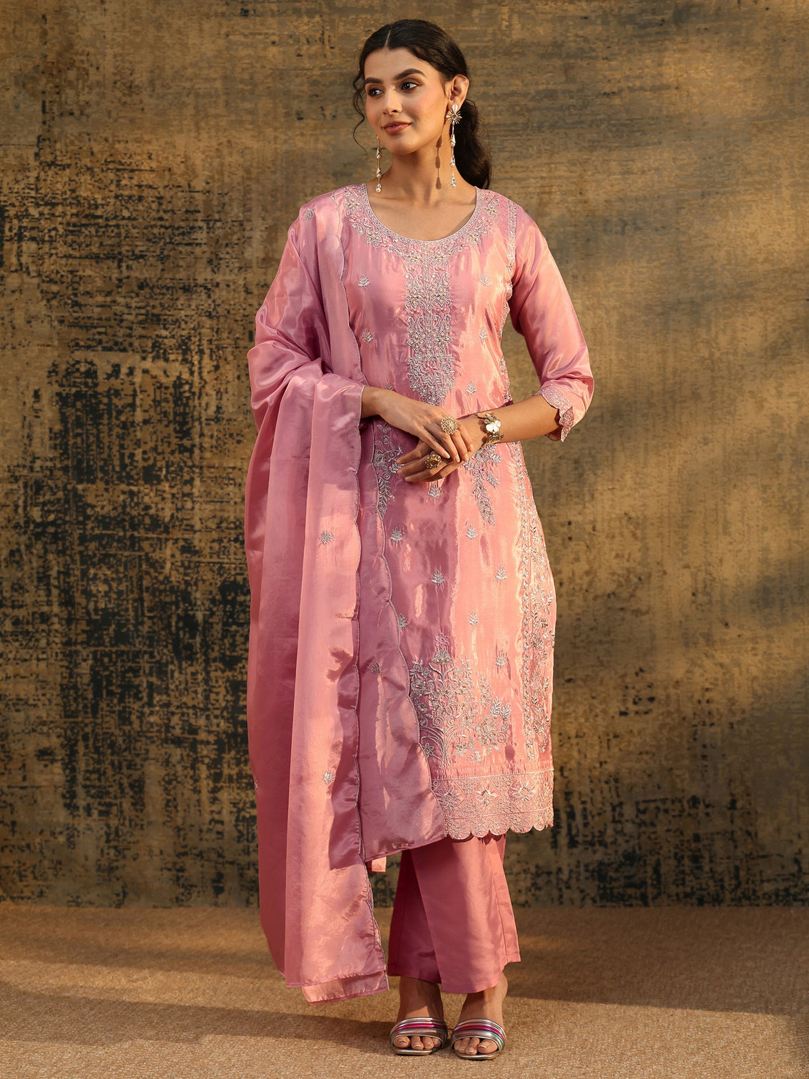 Mameraa Dusty Rose Floral Embroidered Organza Straight Suit Set