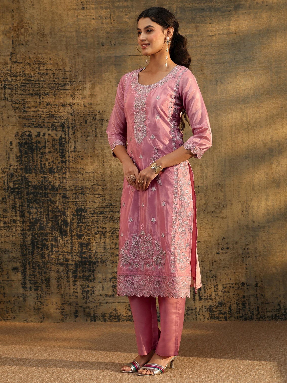 Mameraa Dusty Rose Floral Embroidered Organza Straight Suit Set