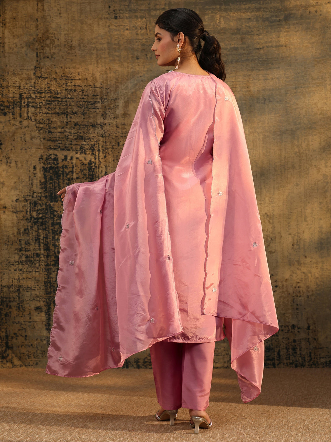 Mameraa Dusty Rose Floral Embroidered Organza Straight Suit Set
