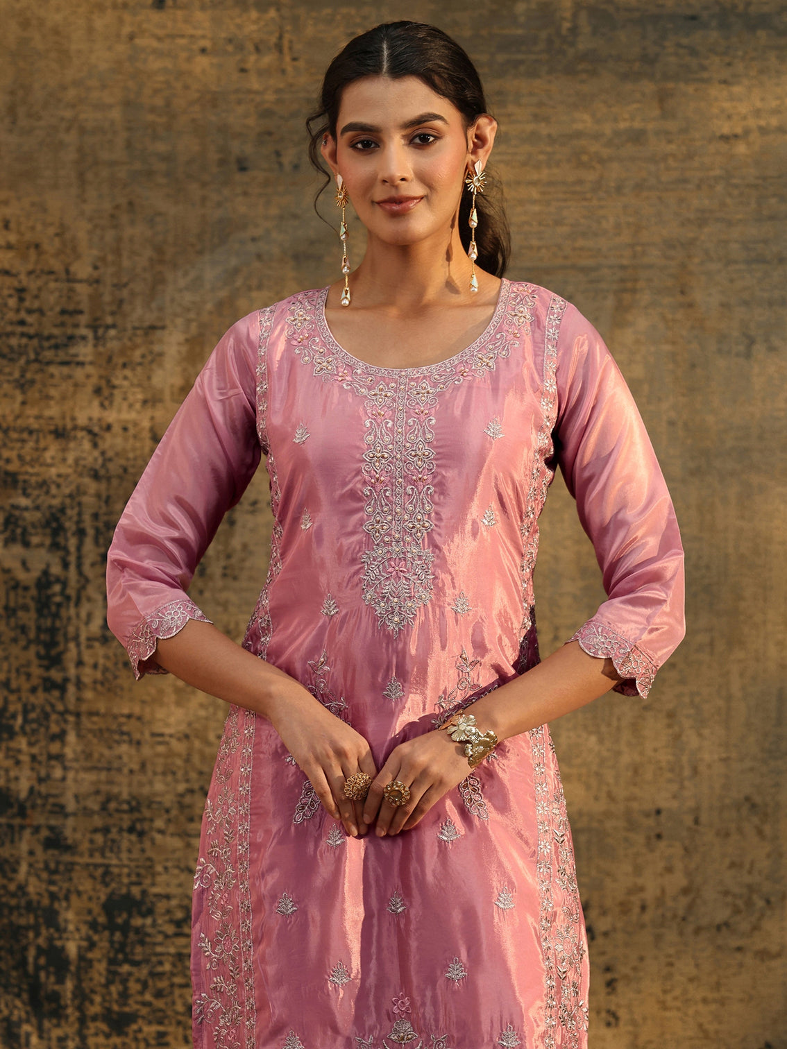 Mameraa Dusty Rose Floral Embroidered Organza Straight Suit Set