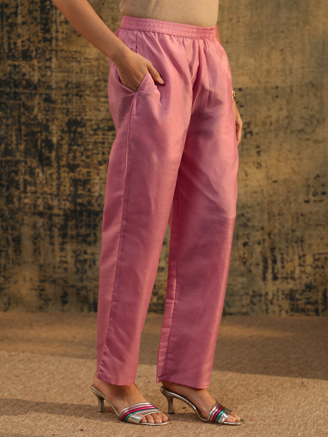Mameraa Dusty Rose Floral Embroidered Organza Straight Suit Set