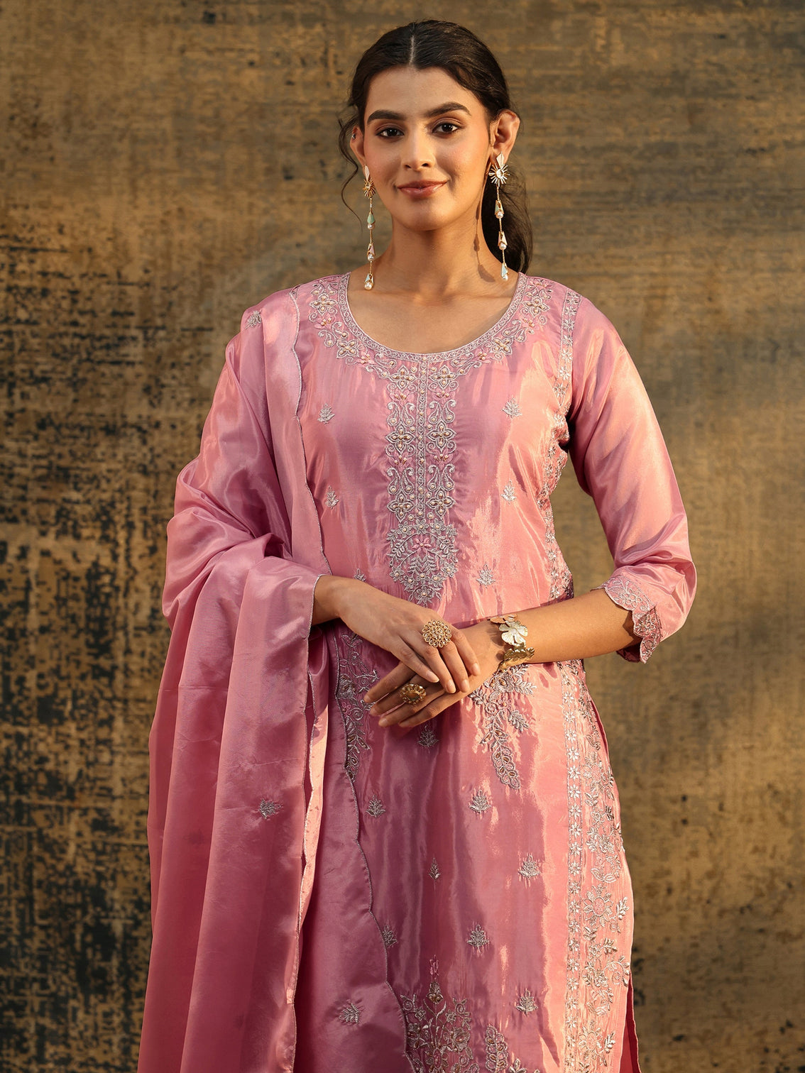 Mameraa Dusty Rose Floral Embroidered Organza Straight Suit Set