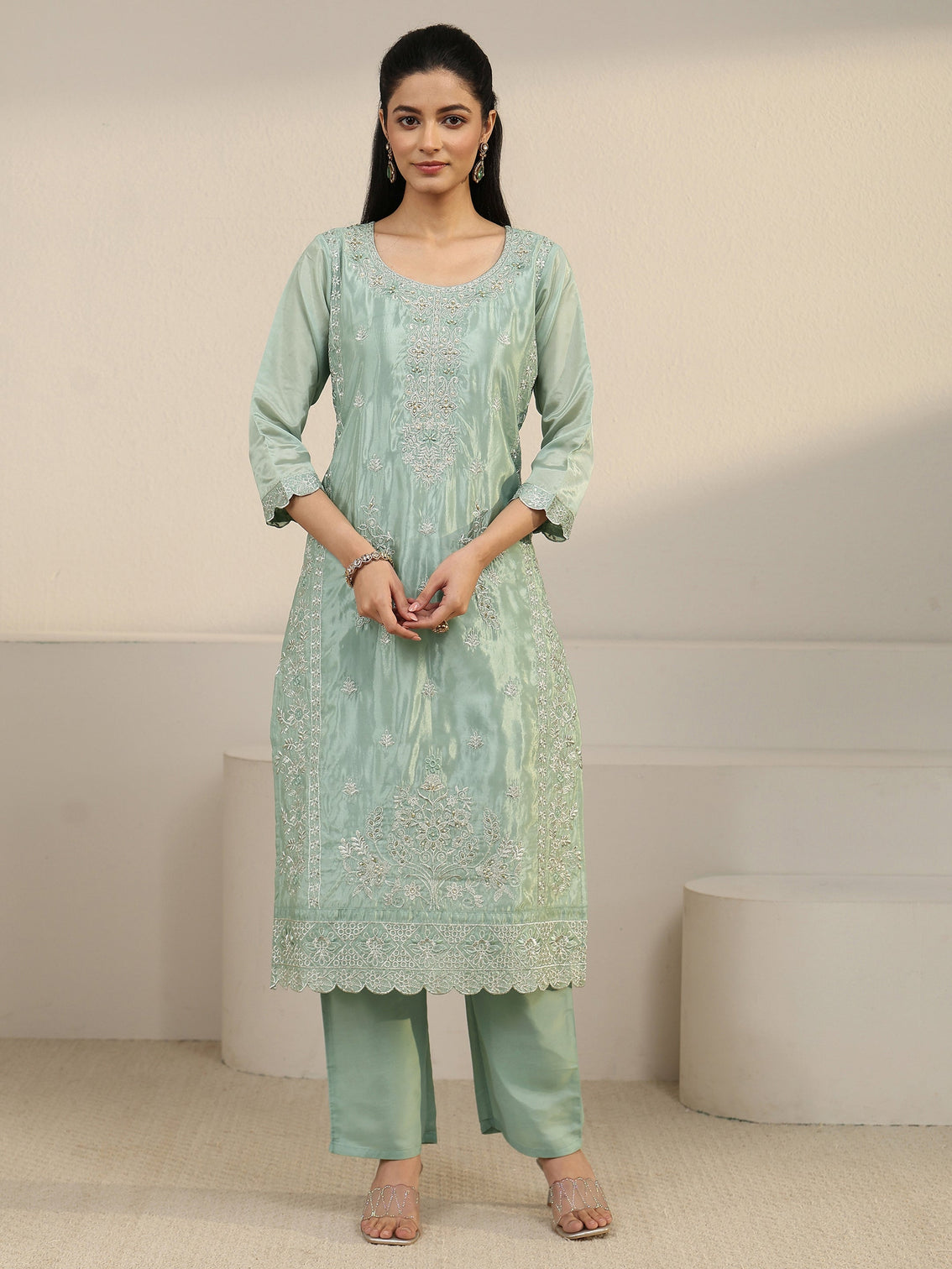 Mameraa Green Floral Embroidered Organza Straight Suit Set