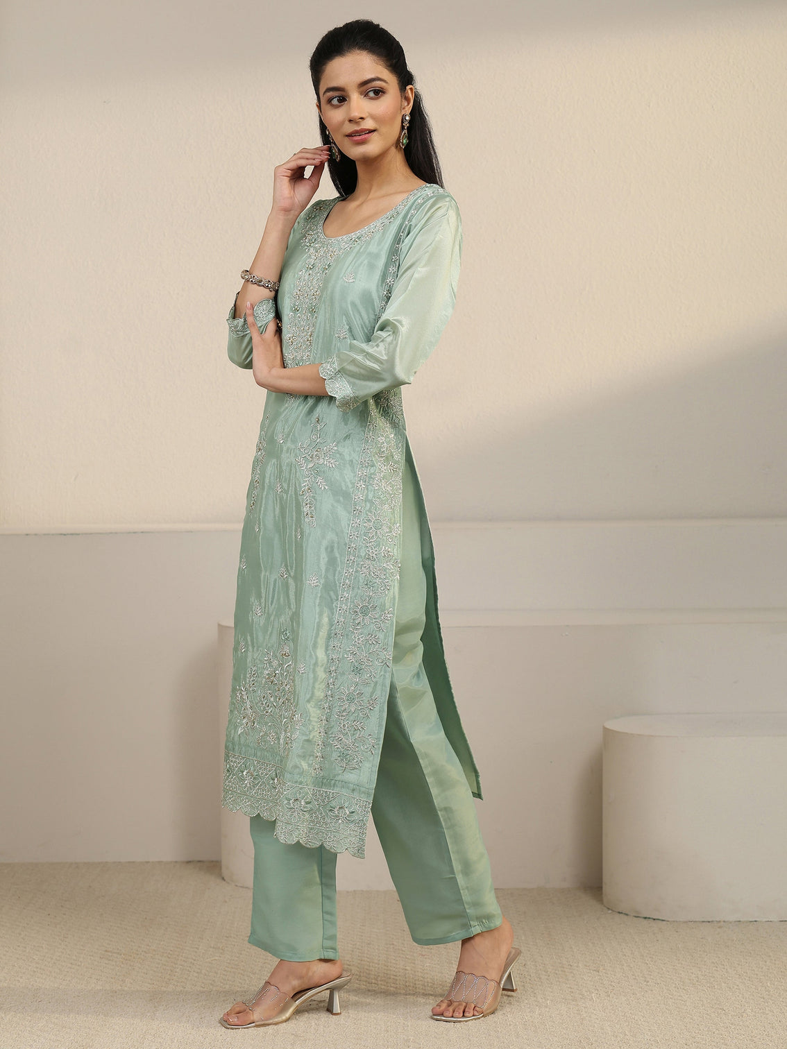 Mameraa Green Floral Embroidered Organza Straight Suit Set