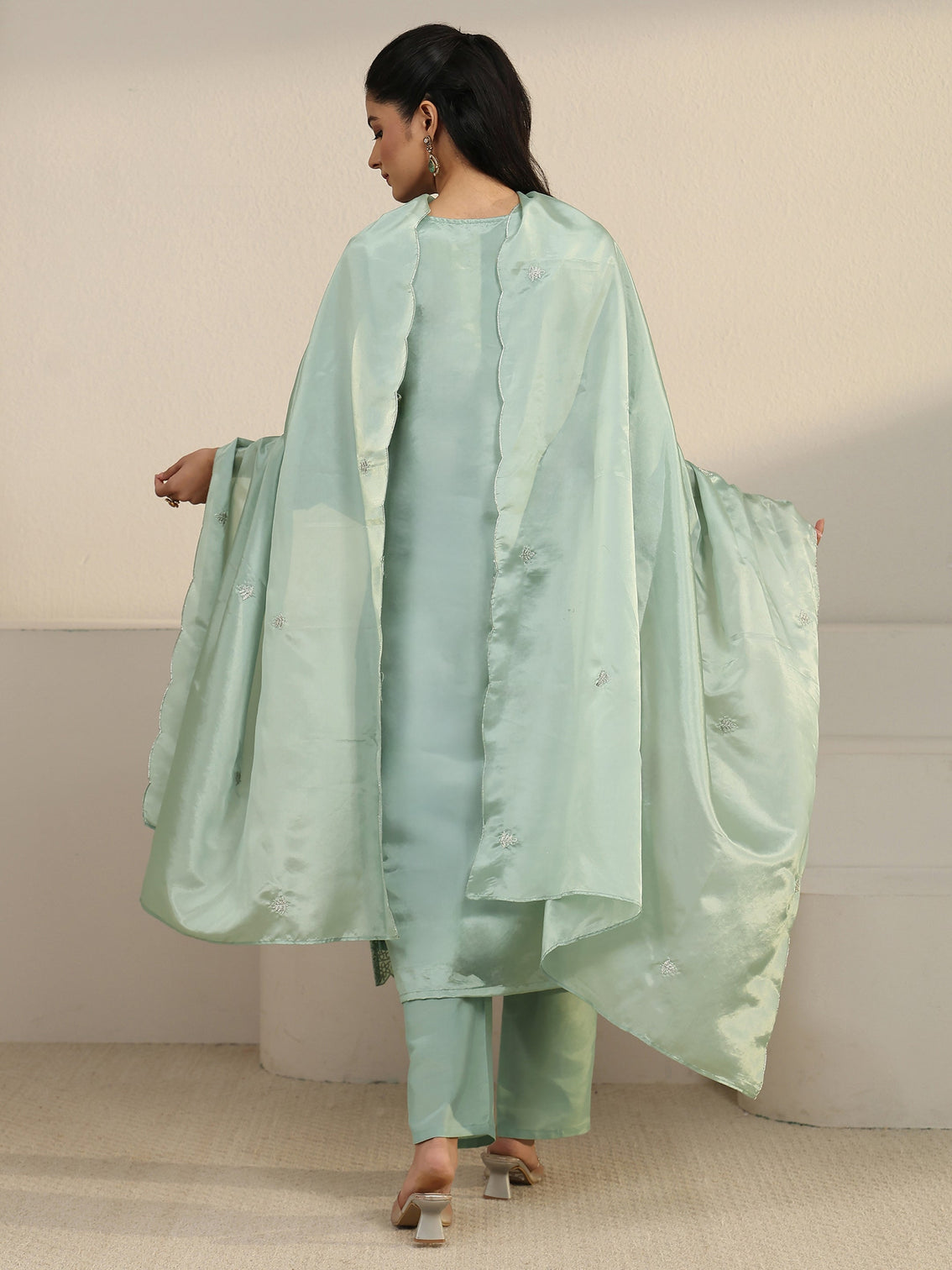 Mameraa Green Floral Embroidered Organza Straight Suit Set