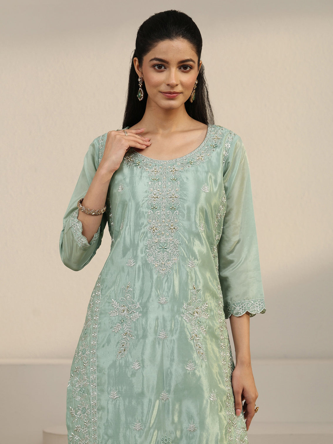 Mameraa Green Floral Embroidered Organza Straight Suit Set