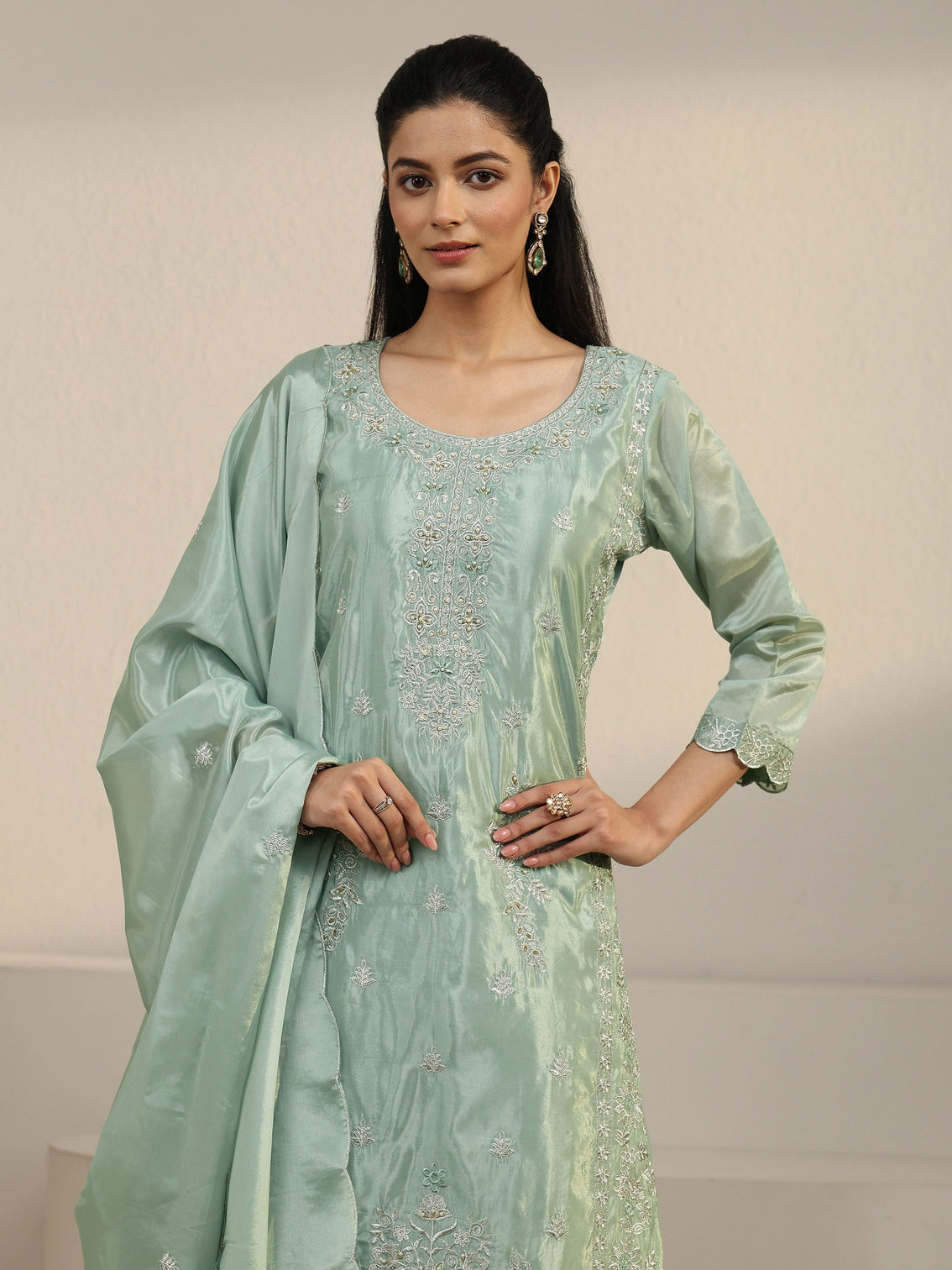 Mameraa Green Floral Embroidered Organza Straight Suit Set