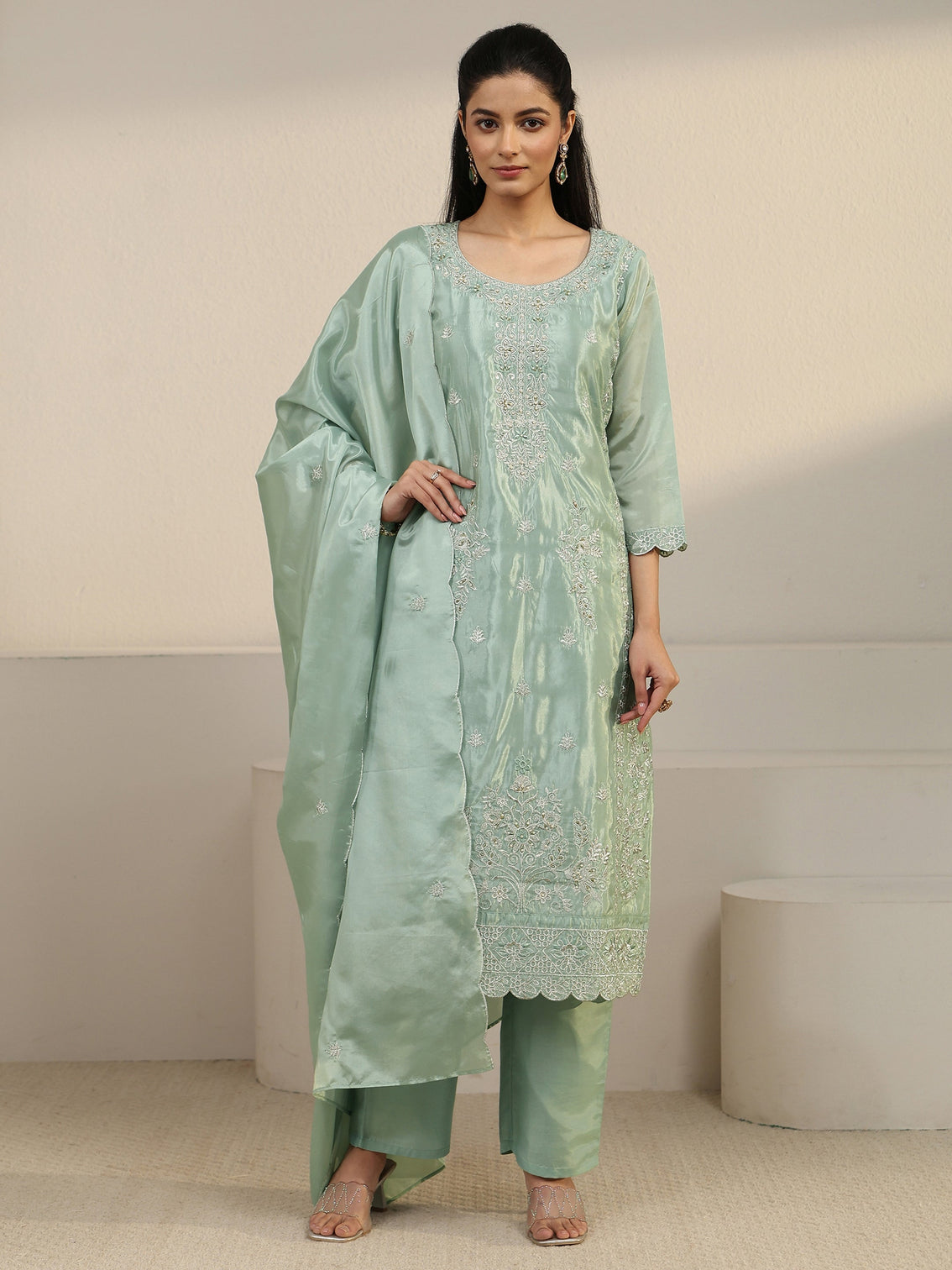 Mameraa Green Floral Embroidered Organza Straight Suit Set