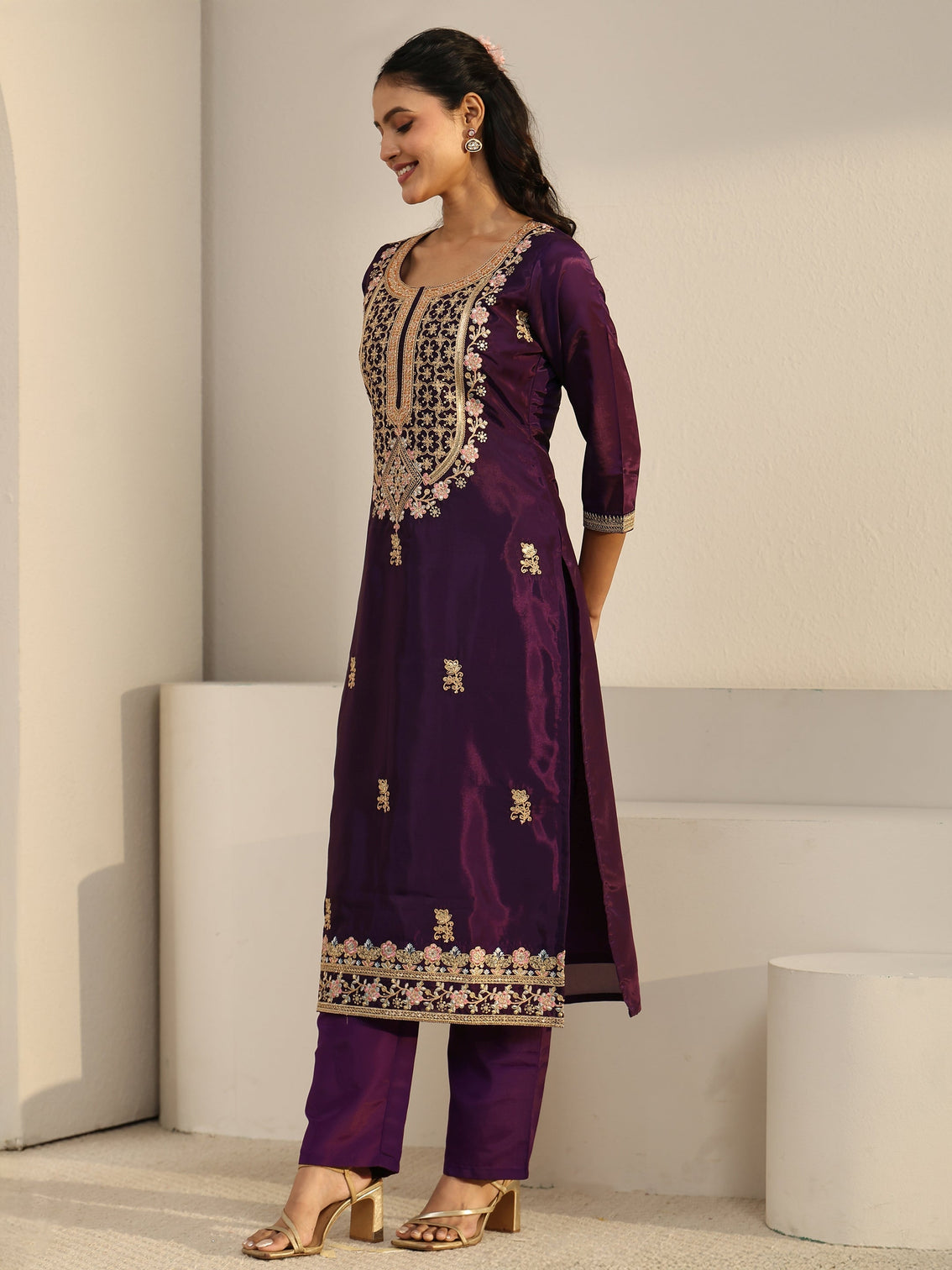 Mameraa Aubergine Purple Floral Embroidered Organza Straight Suit Set