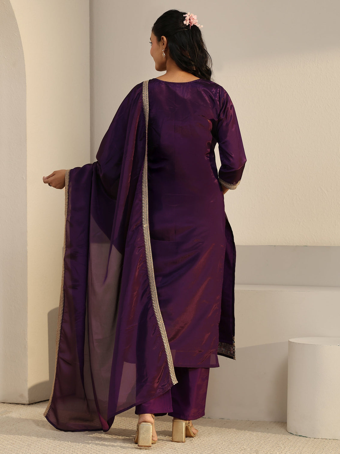 Mameraa Aubergine Purple Floral Embroidered Organza Straight Suit Set