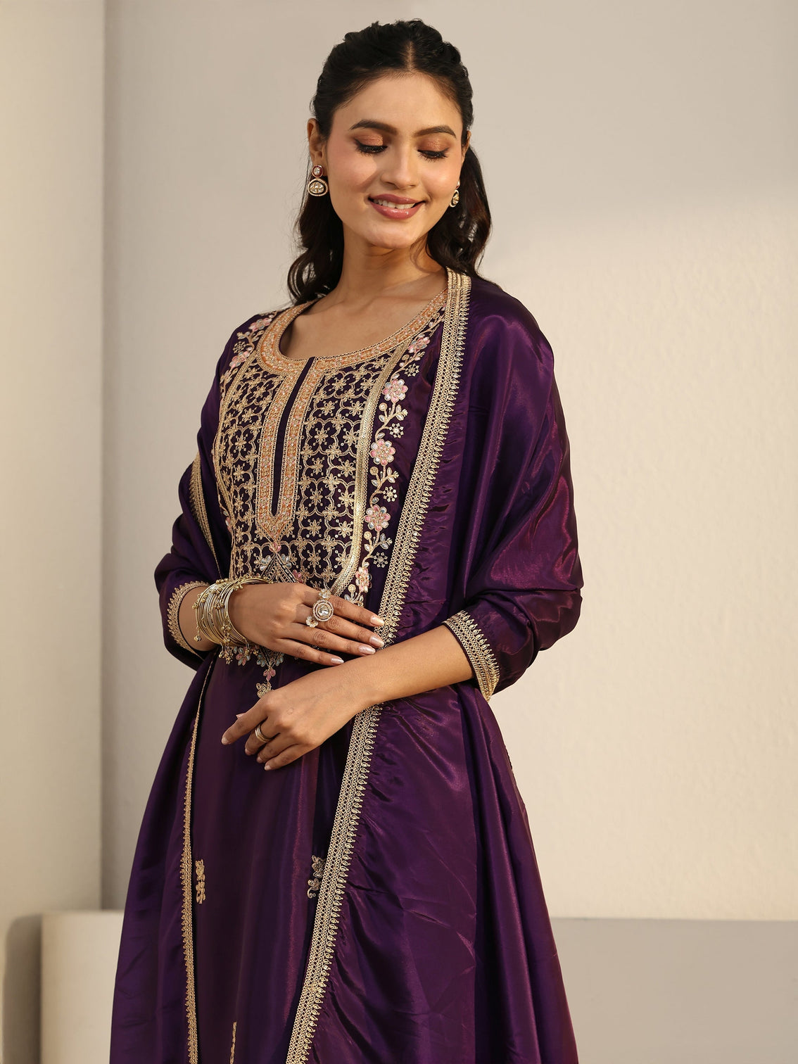 Mameraa Aubergine Purple Floral Embroidered Organza Straight Suit Set