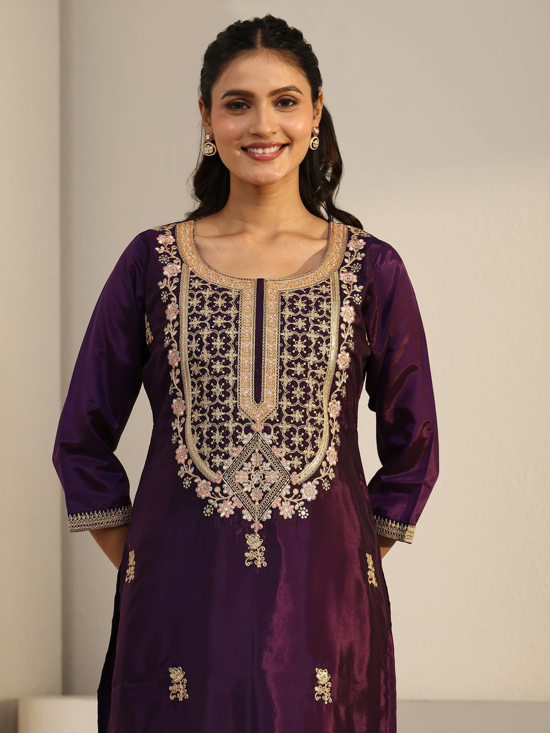 Mameraa Aubergine Purple Floral Embroidered Organza Straight Suit Set