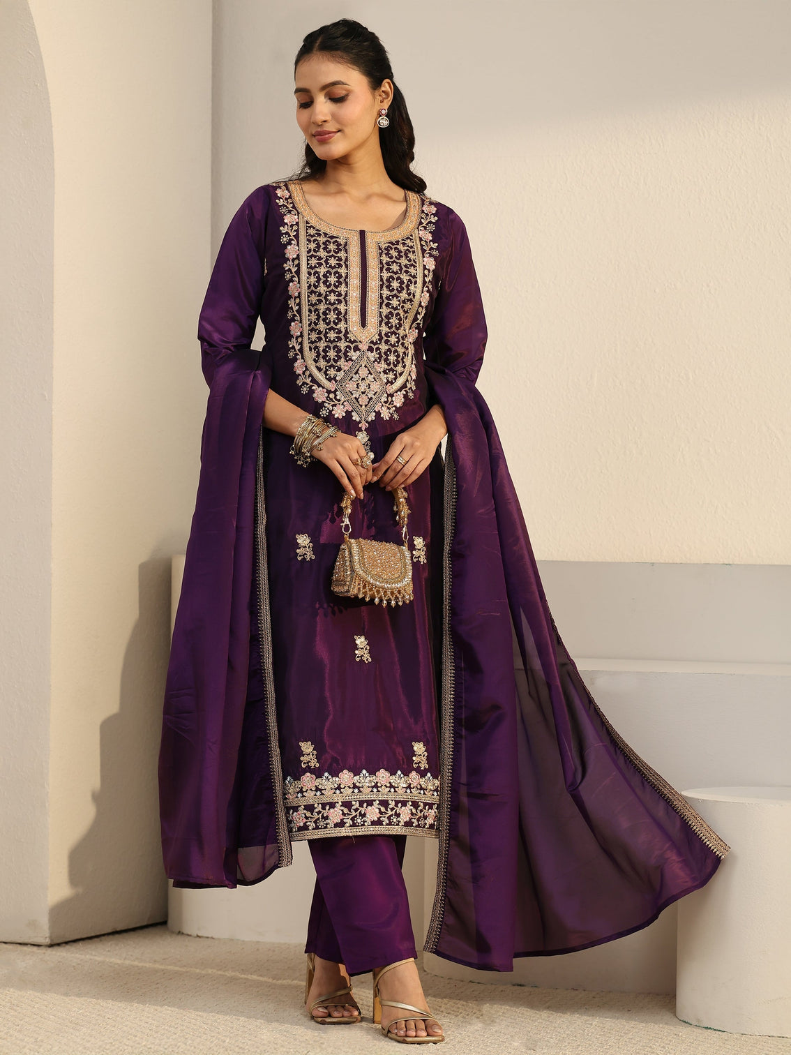 Mameraa Aubergine Purple Floral Embroidered Organza Straight Suit Set