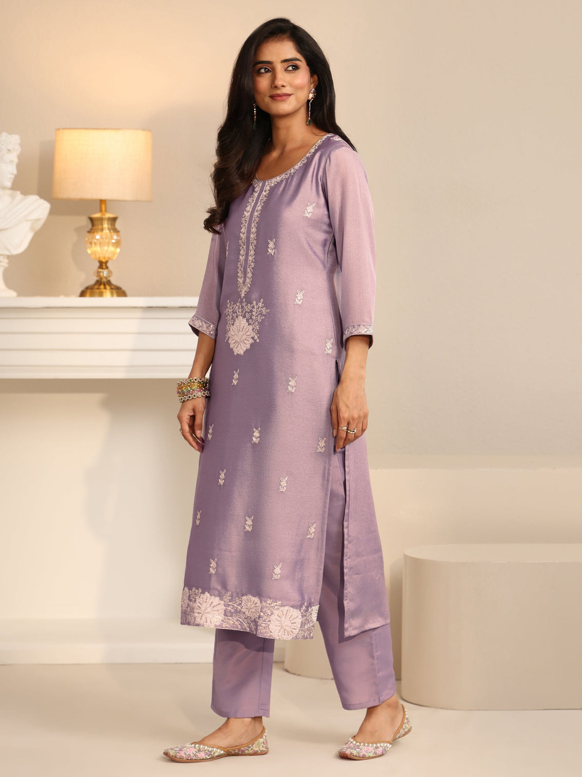 Mameraa Lavender Floral Embroidered Silk Blend Straight Suit Set