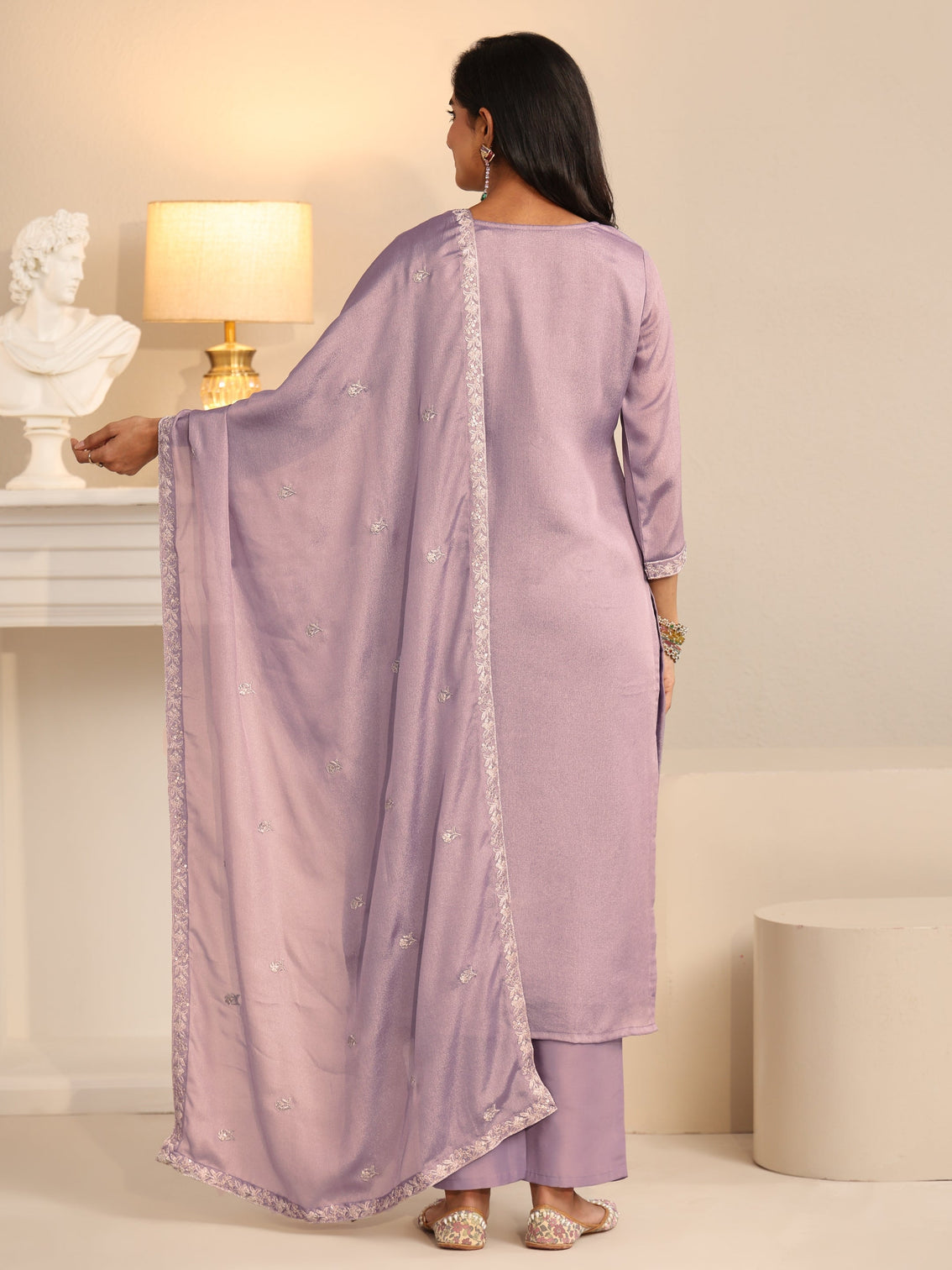 Mameraa Lavender Floral Embroidered Silk Blend Straight Suit Set