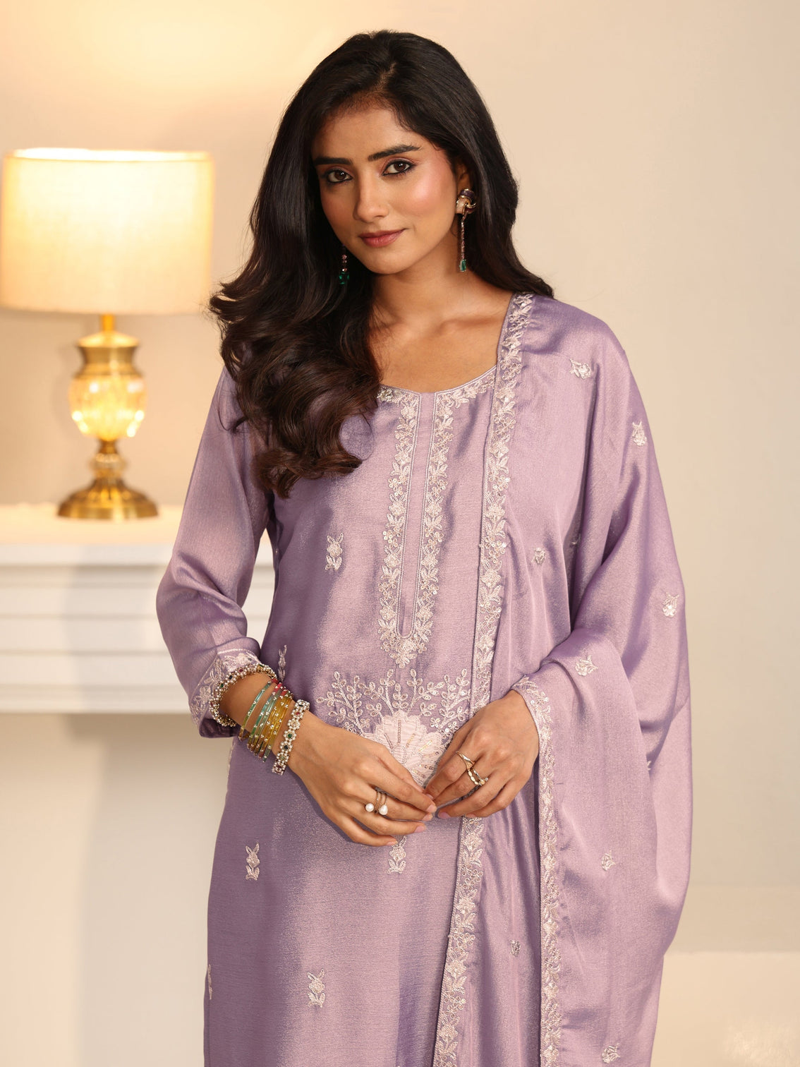 Mameraa Lavender Floral Embroidered Silk Blend Straight Suit Set