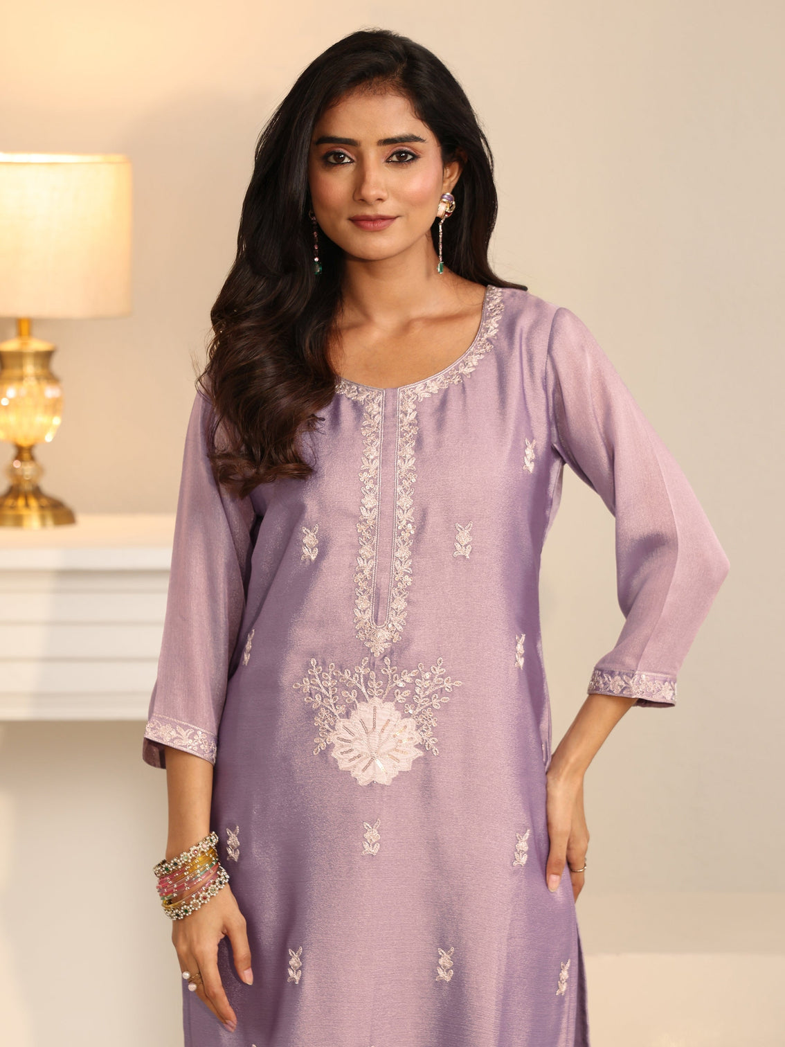 Mameraa Lavender Floral Embroidered Silk Blend Straight Suit Set