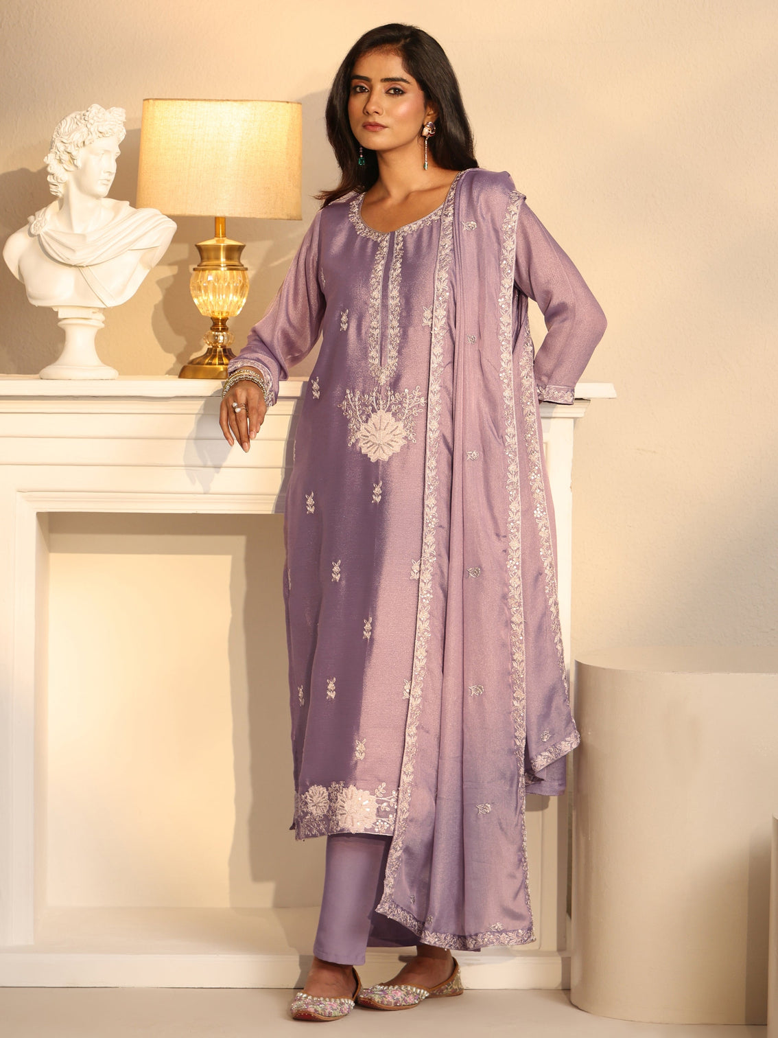 Mameraa Lavender Floral Embroidered Silk Blend Straight Suit Set