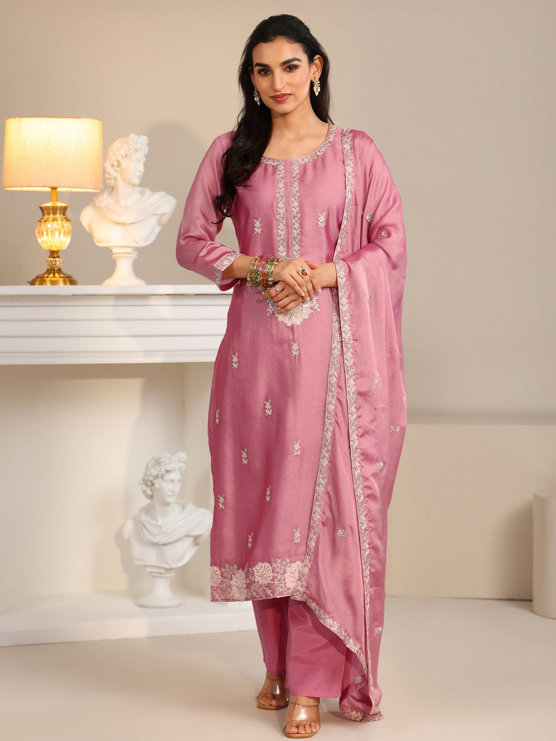 Mameraa Dusty Rose Pink Floral Embroidered Silk Blend Straight Suit Set