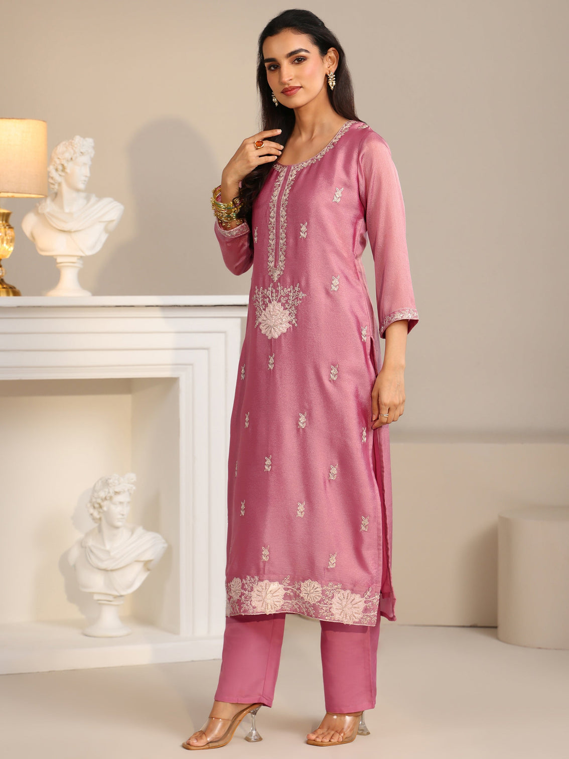 Mameraa Dusty Rose Pink Floral Embroidered Silk Blend Straight Suit Set