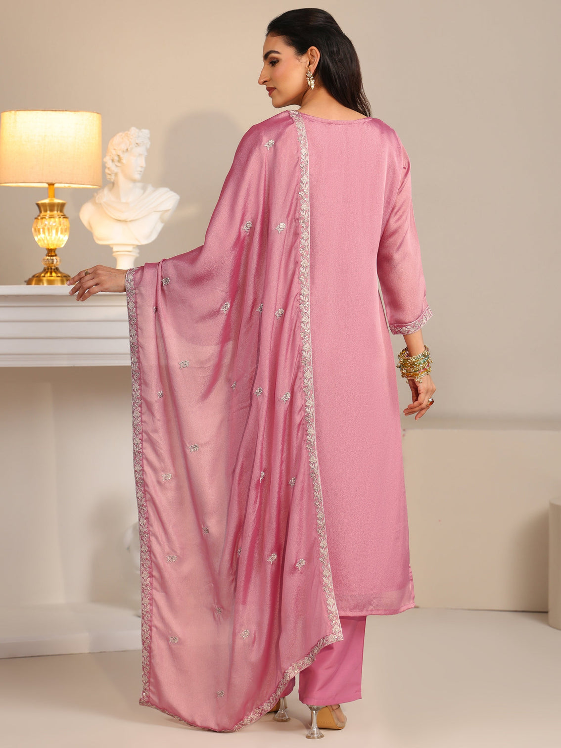 Mameraa Dusty Rose Pink Floral Embroidered Silk Blend Straight Suit Set