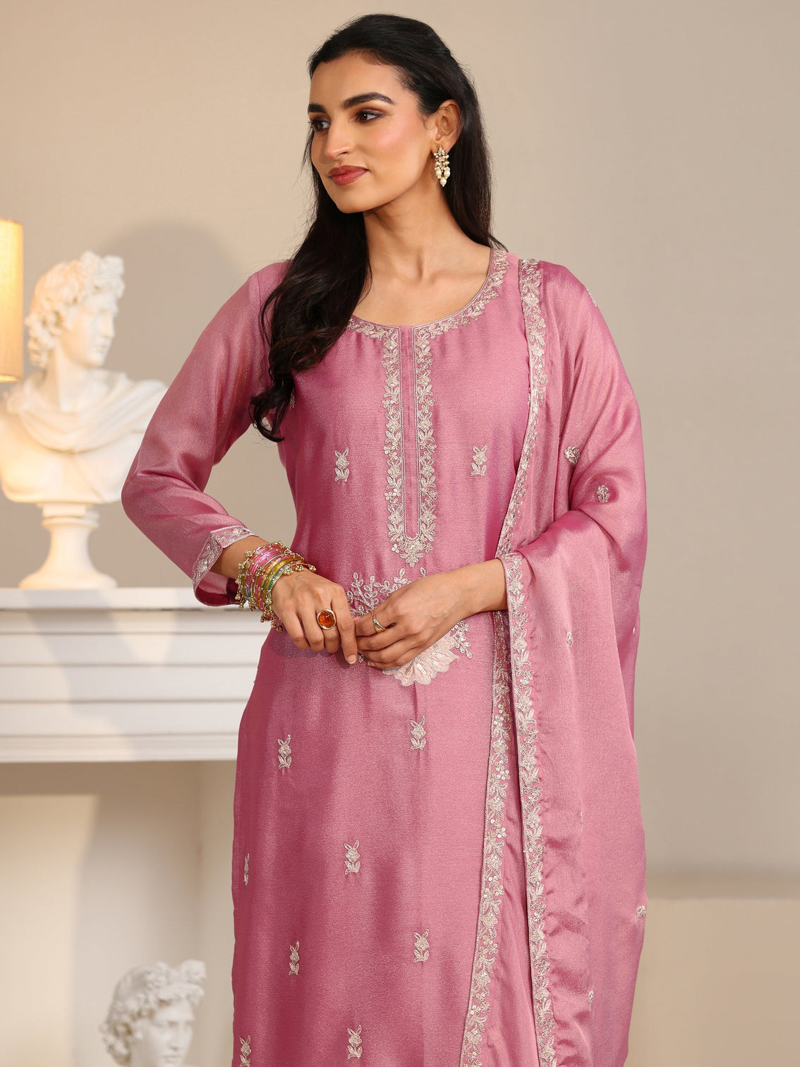Mameraa Dusty Rose Pink Floral Embroidered Silk Blend Straight Suit Set