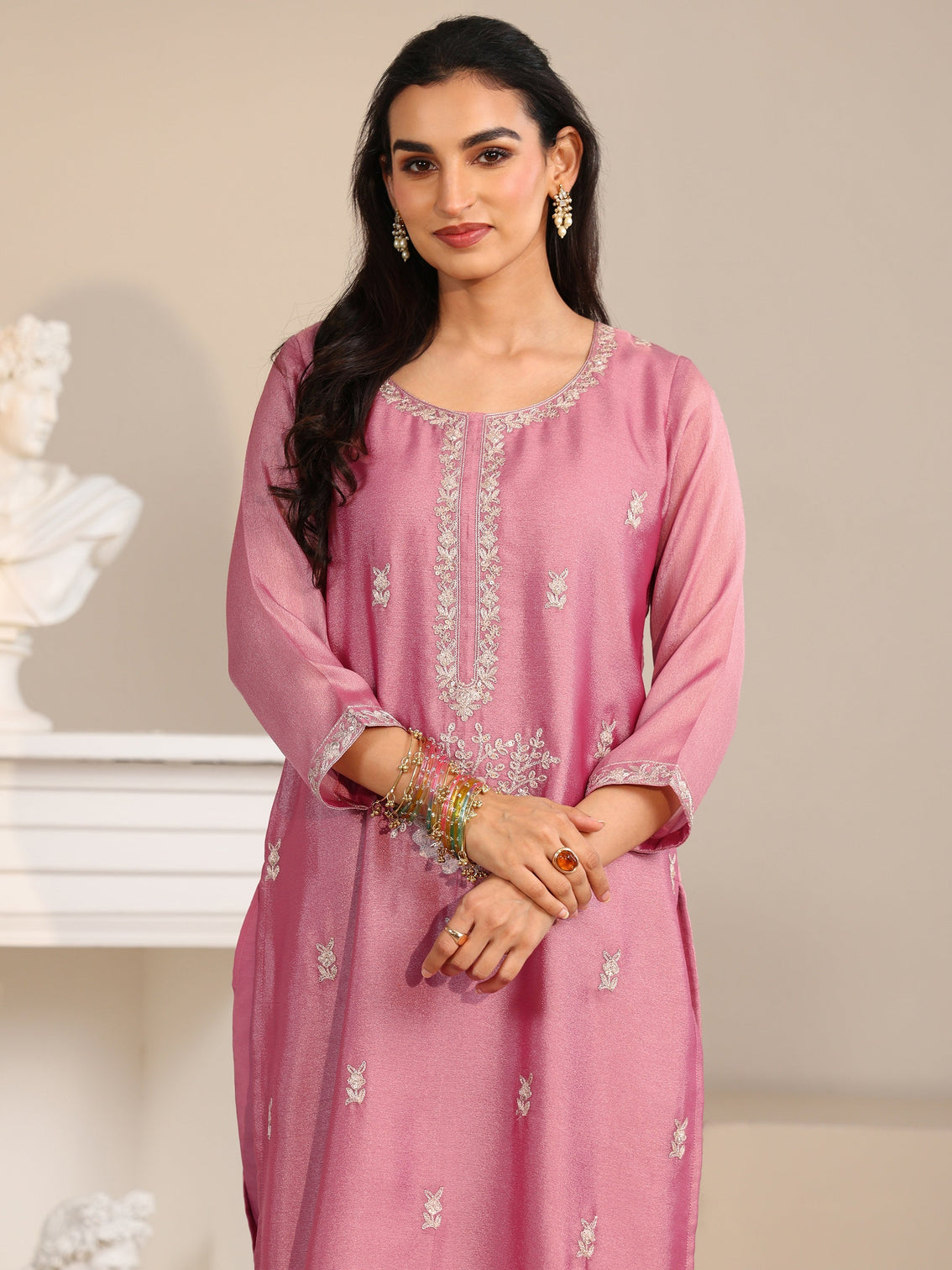 Mameraa Dusty Rose Pink Floral Embroidered Silk Blend Straight Suit Set