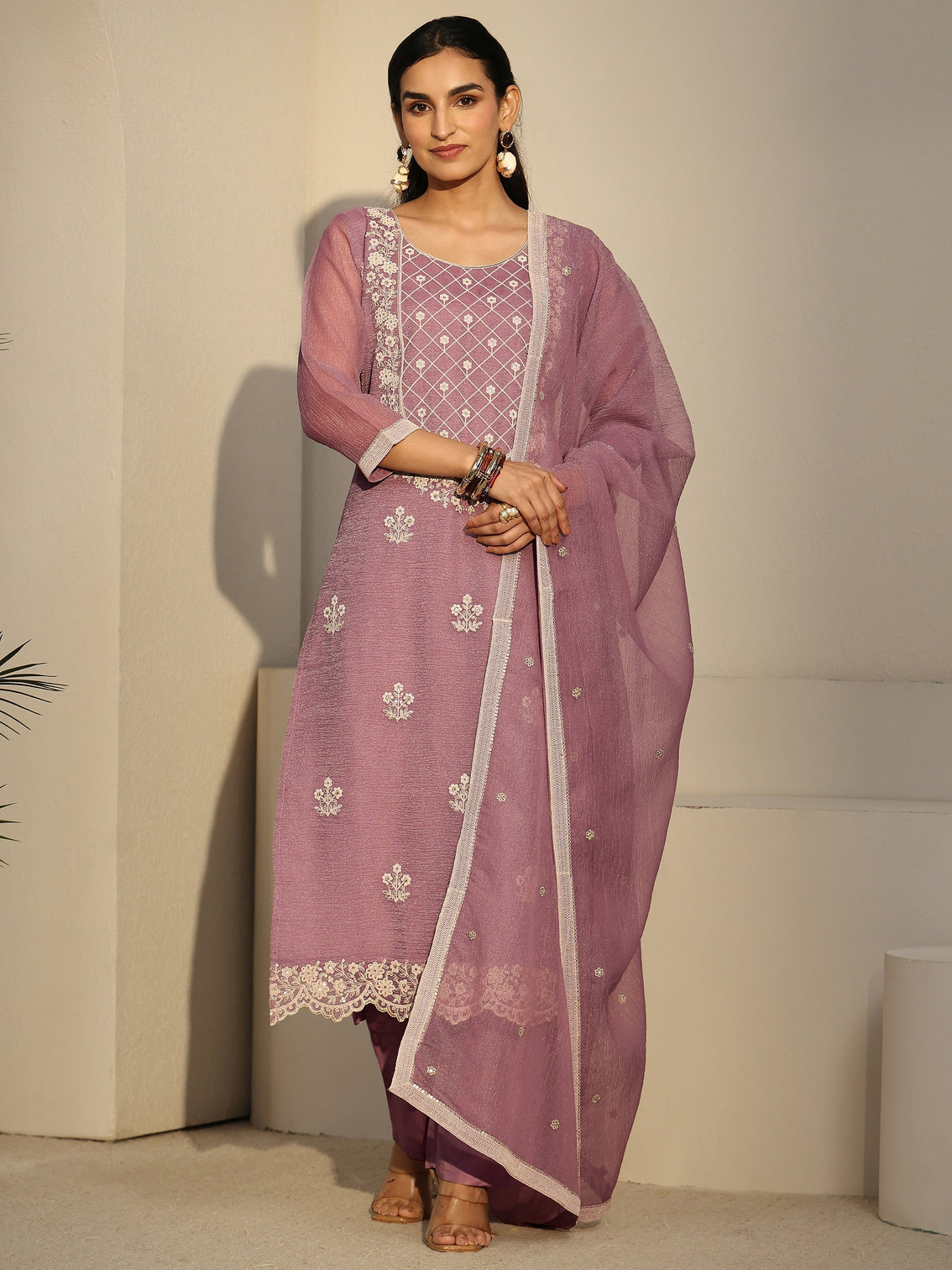 Mameraa Lavender Floral Embroidered Chiffon Straight Suit Set