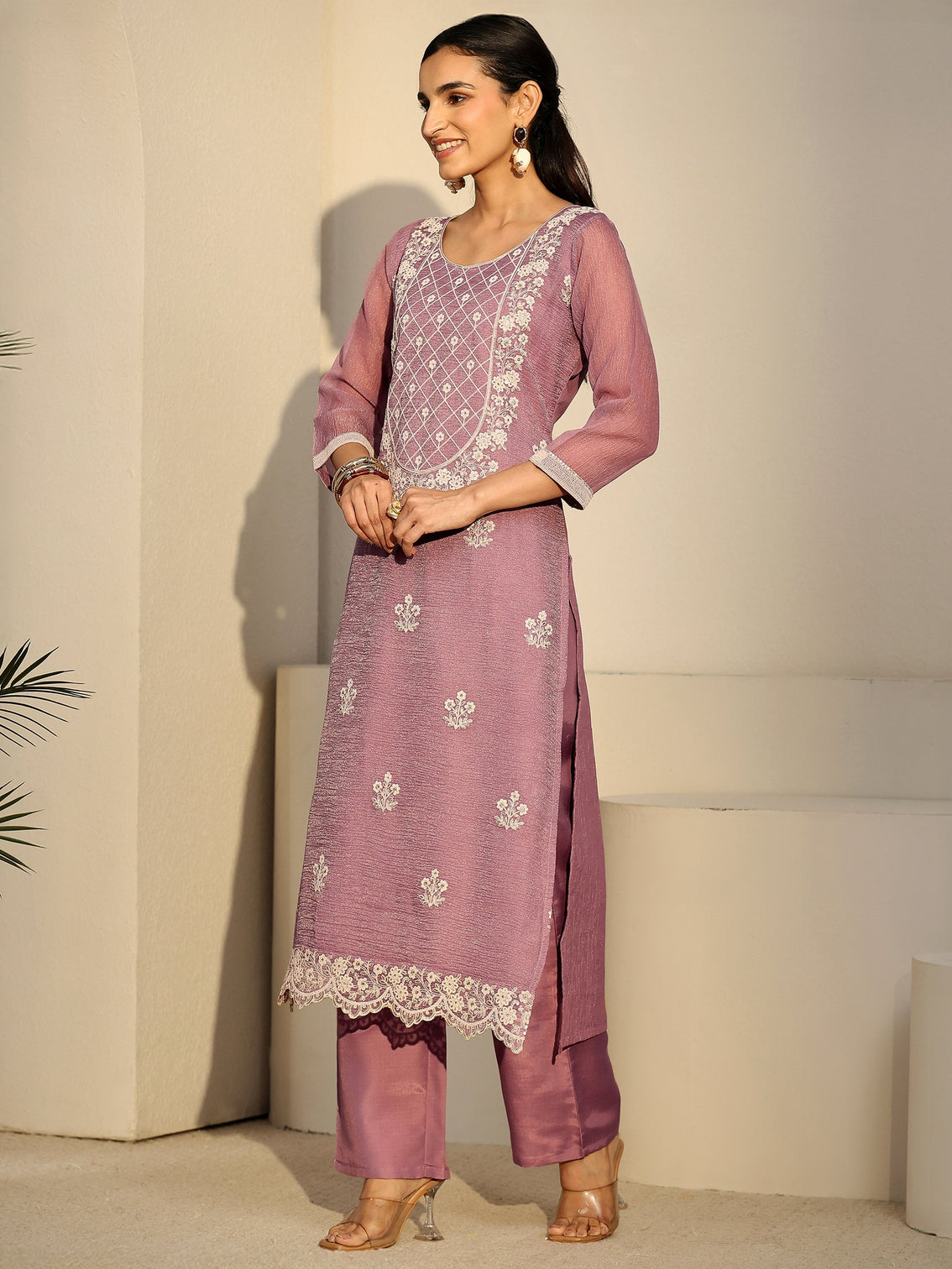 Mameraa Lavender Floral Embroidered Chiffon Straight Suit Set