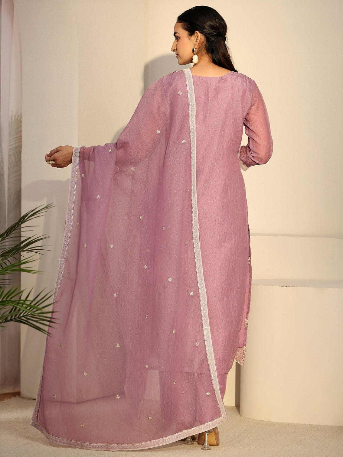 Mameraa Lavender Floral Embroidered Chiffon Straight Suit Set