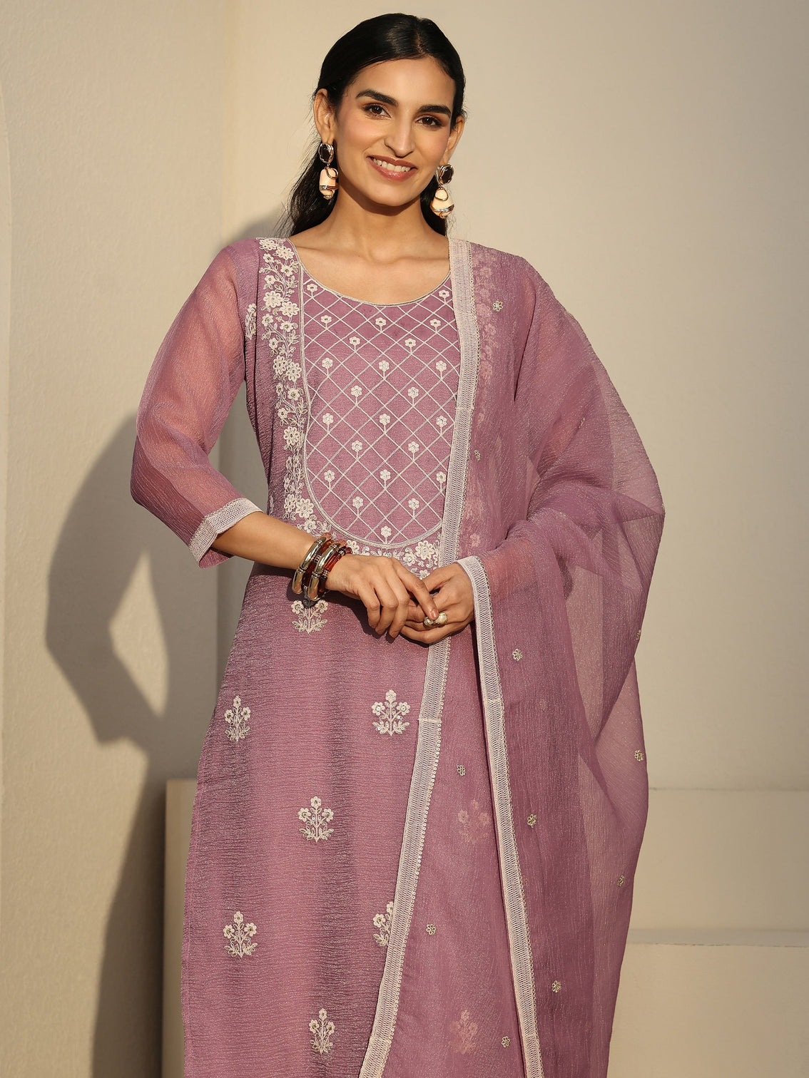 Mameraa Lavender Floral Embroidered Chiffon Straight Suit Set
