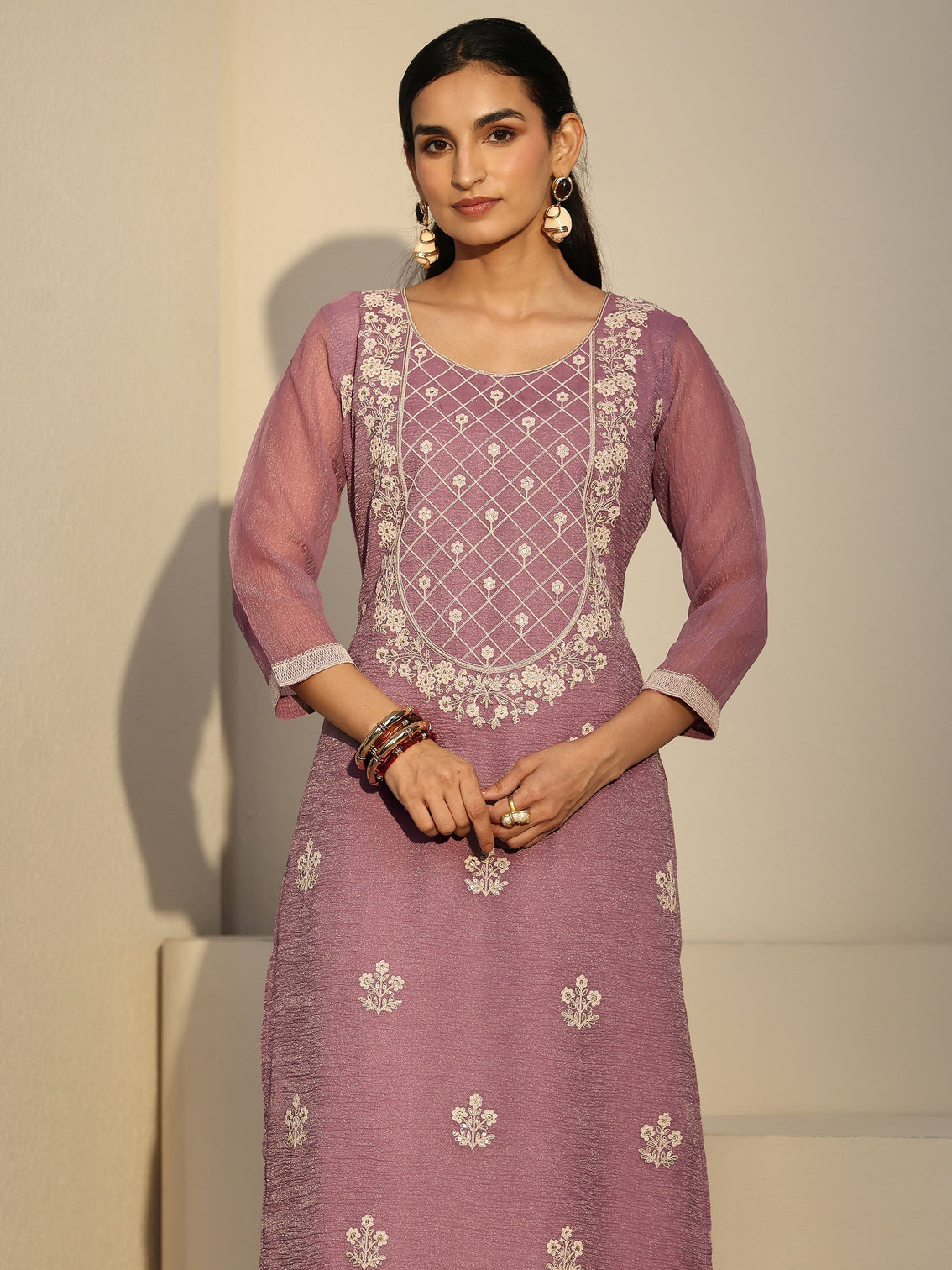Mameraa Lavender Floral Embroidered Chiffon Straight Suit Set