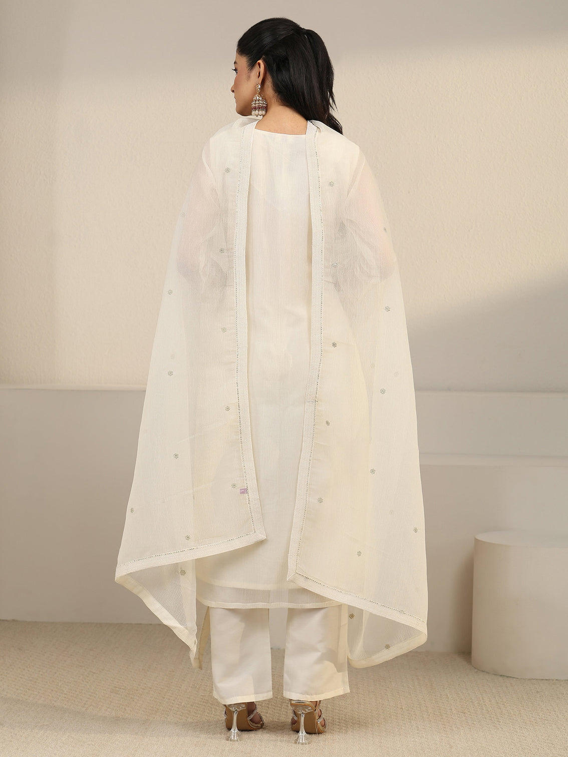 Mameraa White Floral Chiffon Embroidered Suit Set