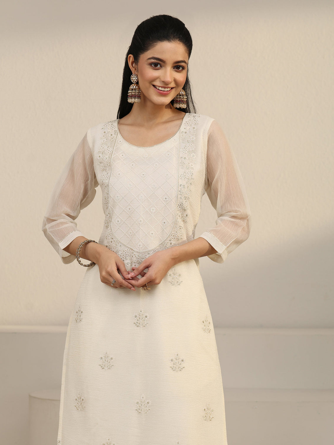 Mameraa White Floral Chiffon Embroidered Suit Set