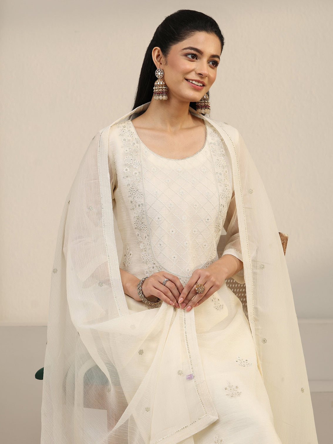 Mameraa White Floral Chiffon Embroidered Suit Set