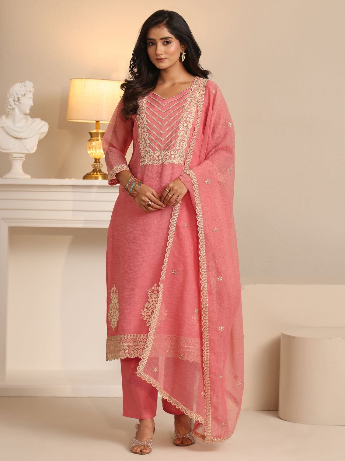 Mameraa Peach Orange Floral Embroidered Chiffon Straight Suit Set