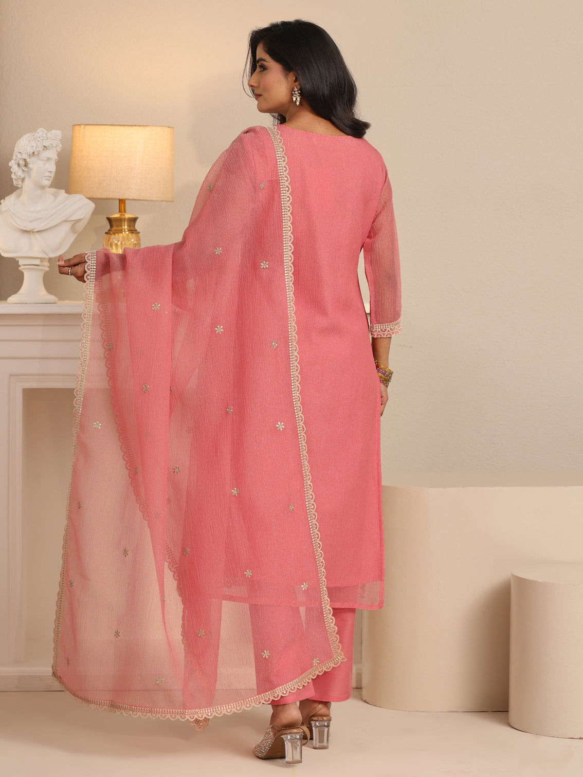 Mameraa Peach Orange Floral Embroidered Chiffon Straight Suit Set